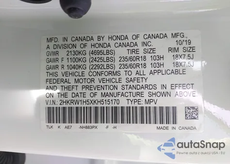 2019 Honda Cr-V Ex z USA, uszkodzony, nr VIN 2HKRW1H5XKH515170